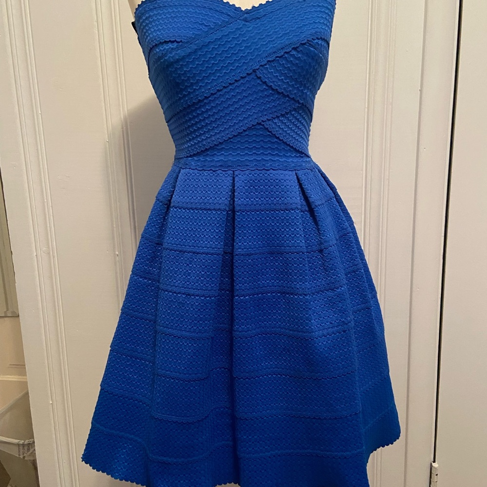 B Darlin Blue Strapless Fit and Flare Dress